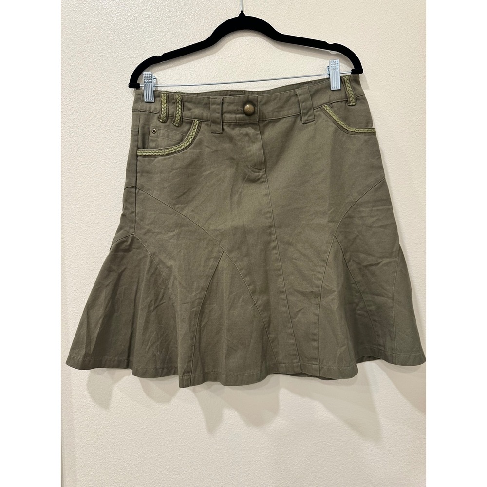 Axara Paris Olive Green Braided Trim Paneled Cotton Flare Mini Skirt Size 8